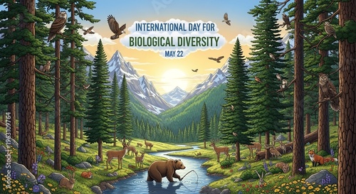 A serene forest landscape celebrating International Day for Biological Diversity with a bear and various wildlife by a stream