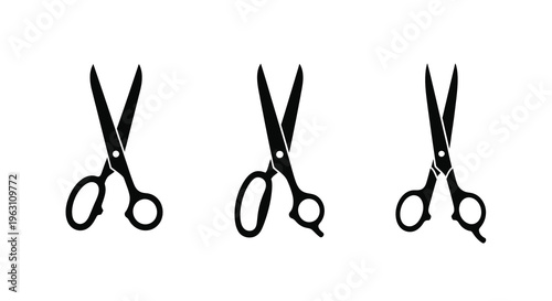Three pairs of scissors displayed in a minimalist black silhouette