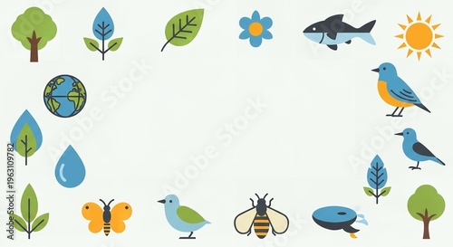 A colorful illustration of various eco-friendly icons and animals in a circular pattern