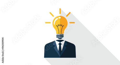 Creative business concept illustration featuring a businessman silhouette with a glowing light bulb head symbolizing new ideas and innovation.