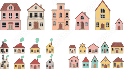 Cute House Set with Colorful Buildings, Small Homes, and Cozy Designs for Real Estate, Architecture, and Digital Media Illustrations