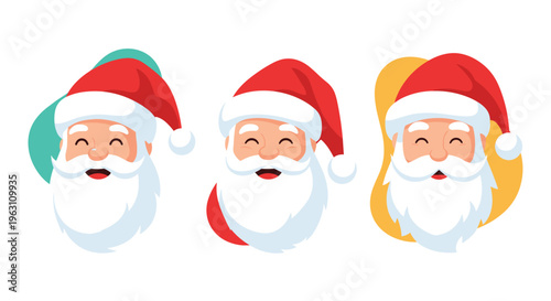 Collection of three cheerful santa claus faces with white beards and red hats on various colorful organic shapes for festive decorations.