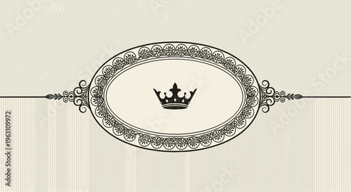Vintage oval frame with intricate lace borders and a simple black crown in the center against a light parchment background for announcements.