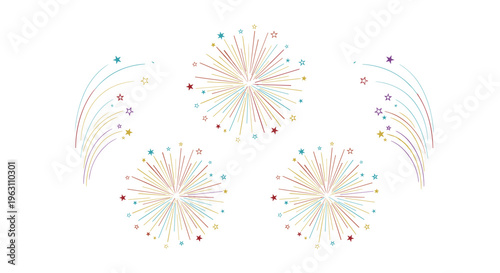 Festive collection of colorful fireworks and star bursts in red, blue, gold, and purple for celebrations, holidays, and special events.