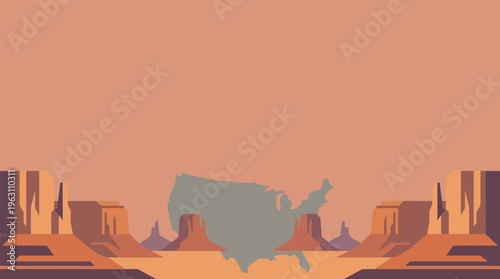 USA Map Desert Landscape with Rock Formations, Flat Style Travel Scene, American Geography Journey Concept, Warm Earth Tones Vector Art, Editable Background Illustration.