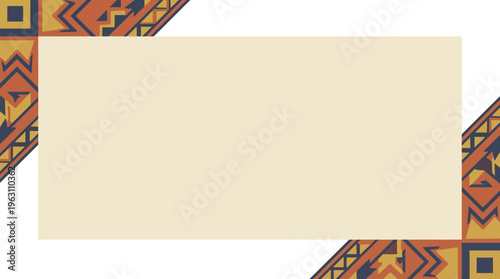 Ethnic frame template featuring abstract geometric shapes and corner decor, ideal for cultural events or presentations, in terracotta, mustard, navy palette, flat vector with blank copy space.
