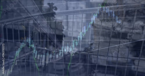 Animation of financial data over supermarket cart and timelapse with walking people