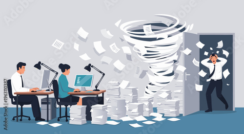 Overwhelmed office workers caught in a whirlwind of paperwork illustration, vector art depicting chaos and stress in a busy workplace