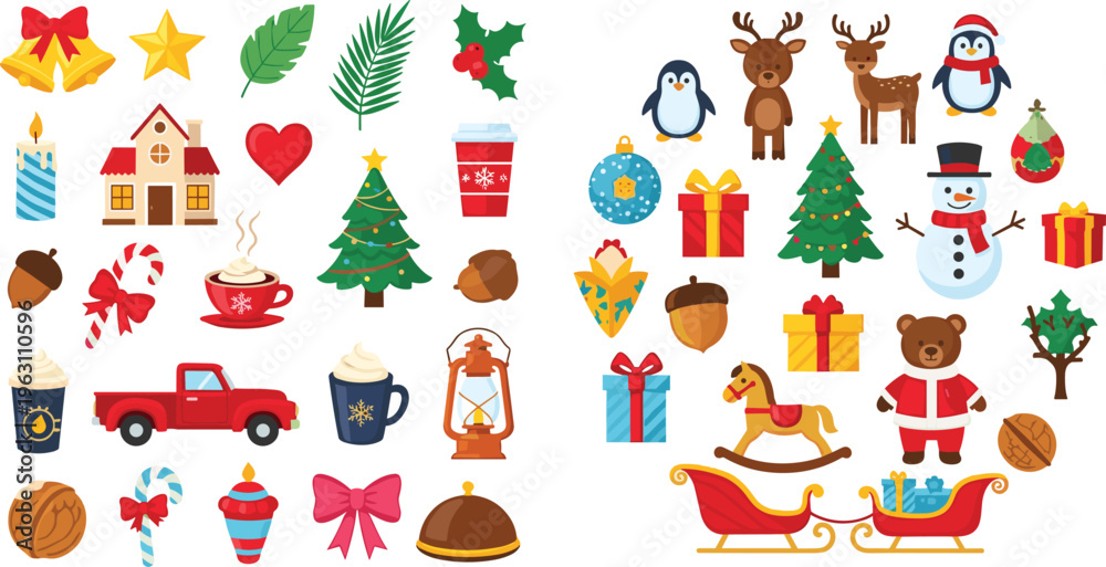 Fototapeta premium Christmas Celebration Set with Santa, Gifts, Snowman, Reindeer, Decorations, and Cozy Winter Accessories for Holiday Illustrations