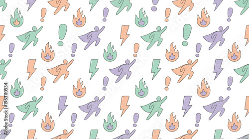 Superhero, Flame, Lightning Bolt & Exclamation Mark Seamless Pattern with Dynamic Doodle Symbols for Power, Energy & Urgency in a Pastel Vector Art on White Background.