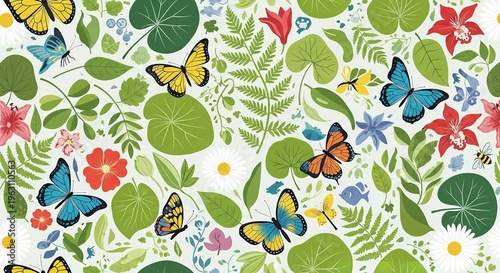 A vibrant floral pattern featuring colorful butterflies and flowers on a white background