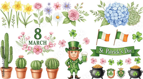 St. Patrick's Day and Spring Floral Set with Shamrocks, Leprechaun, Flags, Cacti, and March 8th Celebrations for Seasonal Illustrations