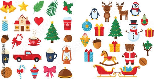 Christmas Celebration Set with Santa, Gifts, Snowman, Reindeer, Decorations, and Cozy Winter Accessories for Holiday Illustrations
