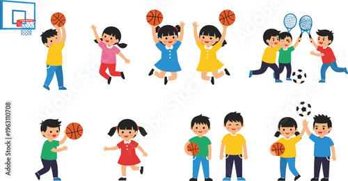 Active Kids Sports Set with Basketball, Soccer, Tennis, and Fun Playful Poses for Children's Illustrations and Sports Designs