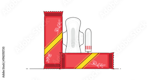 Illustration of various feminine hygiene products including sanitary pads and tampons in red and yellow packaging on a simple clean background.
