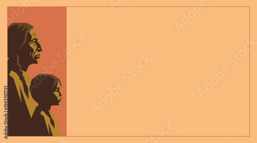 Indigenous Elder & Child Profiles Looking Forward, Heritage Future Wisdom, Flat Vector Earth Tones, With Copy Space Template.