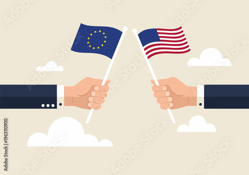 European Union and United States flags held by hands in vector illustration, symbolizing cooperation and diplomacy