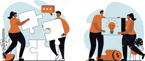 Collaborative teamwork and innovation leading to financial success and bright ideas together