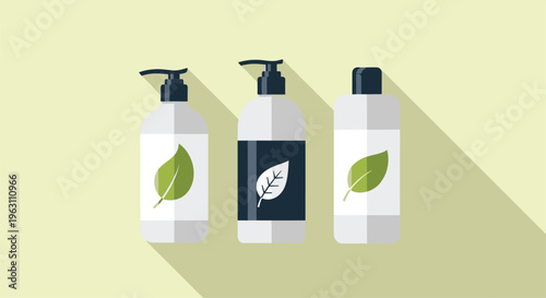 Set of three white cosmetic bottles with pump dispensers and green leaf icons on a light green background for organic skincare products.