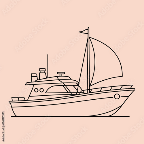 Minimal line of a motor sailboat on peach background motorboat line minimal peach background black lines