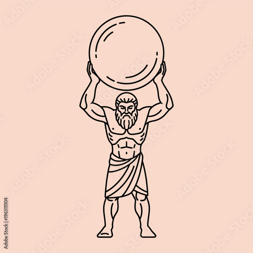 Minimal line of a muscular bearded man lifting a large sphere line minimalist muscular man ancient greek