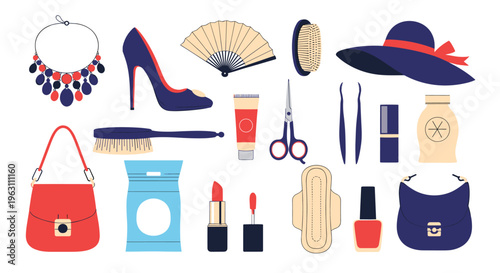 Comprehensive set of women beauty and fashion accessories including handbags, high heels, jewelry, cosmetics, and care products for icons.