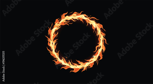 Dramatic circular ring of intense orange and red flames burning against a solid black background symbolizing heat, energy, and power.