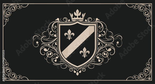 Elaborate golden heraldic shield featuring a crown and fleur-de-lis surrounded by complex scrollwork and corner frames on a dark background.