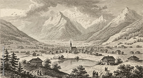 Vintage Engraving of a Mountain Village in the Alps