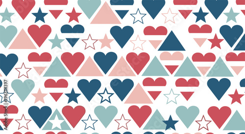 Modern geometric seamless pattern featuring colorful hearts, stars, and triangles in shades of red, blue, and teal on a crisp white backdrop.