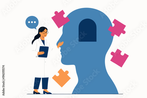 Mental Health Awareness: Doctor with Puzzle Pieces and Head Outline Vector Illustration