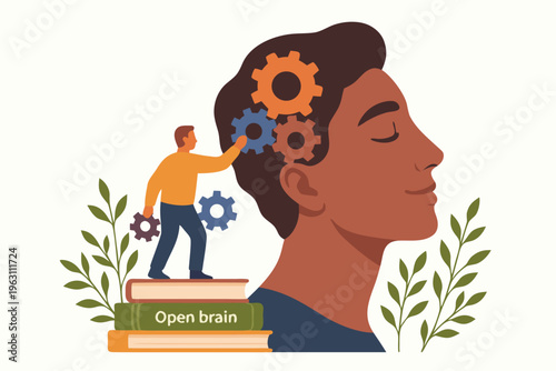 Man adjusts gears inside open brain, representing mental wellness and cognitive function vector illustration
