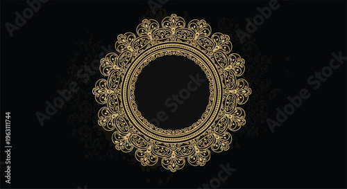 Exquisite golden circular mandala frame with intricate floral patterns and lace details centered on a dark textured background for premium labels.