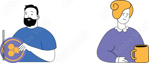 Two people discussing blockchain technology over a warm beverage during a relaxed conversation session together