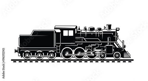 Detailed black and white silhouette of a vintage steam locomotive train on tracks isolated on a plain white background.