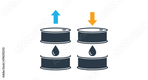 Industrial illustration of two oil barrels with a blue arrow pointing up and an orange arrow pointing down over a drop.