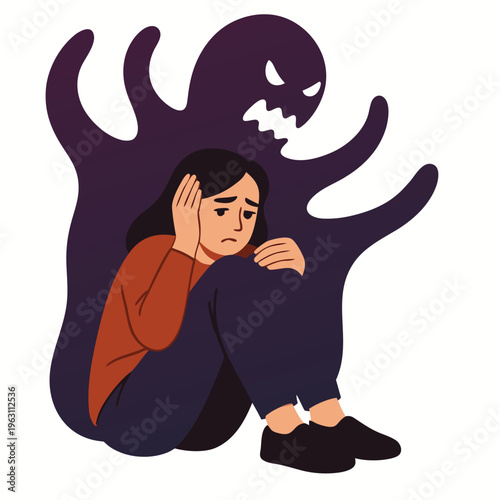 A vector graphic illustration of a woman experiencing anxiety and fear