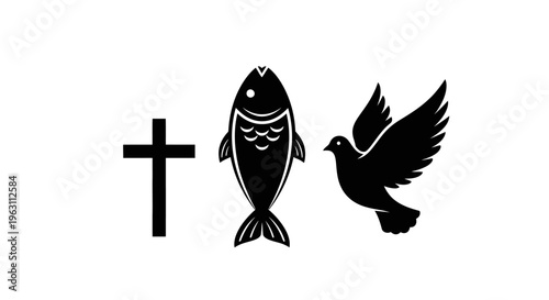 Christian symbols of cross fish and dove representing faith.