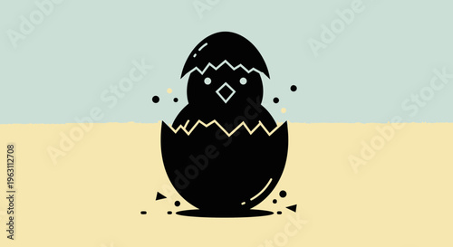 Silhouette of a newly hatched chick emerging from an eggshell.