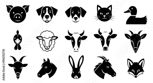 Collection of various domestic animal head silhouettes in black and white.