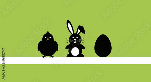Black silhouettes of Easter chick, bunny, and egg on a white line.