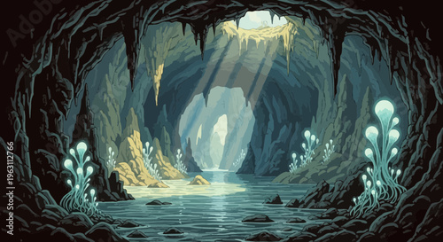 Pixel Art Underground Cave with Glowing Bioluminescent Fungi and Sunbeams
