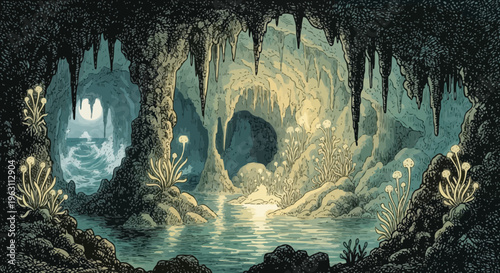 Mystical Underground Cave with Glowing Flora and Stalactites