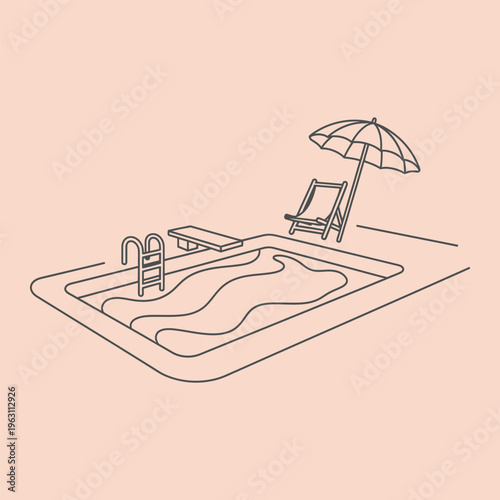 Minimal line of a swimming pool with lounge chair and umbrella line minimal beach chair