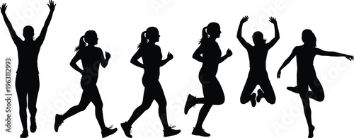 Active women silhouettes set featuring running jumping and cheering poses dynamic female fitness lifestyle vector illustration isolated on white background