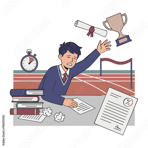 Student struggles with schoolwork while trophy and diploma float above