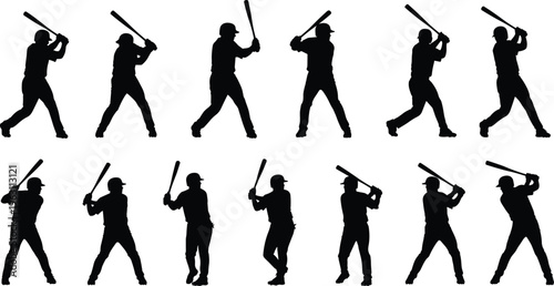 Baseball player silhouettes set featuring batting stances and swing actions dynamic sports poses vector illustration isolated on white background