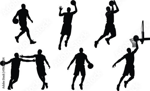 Basketball action silhouettes set featuring dribbling passing shooting and dunking players dynamic sports poses vector illustration isolated on white background