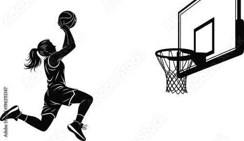 Basketball player dunk silhouette with hoop and backboard dynamic jump shot action vector illustration isolated on white background for sports design