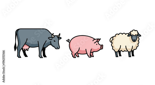 Set of Cute Farm Animals Including Cow Pig and Sheep